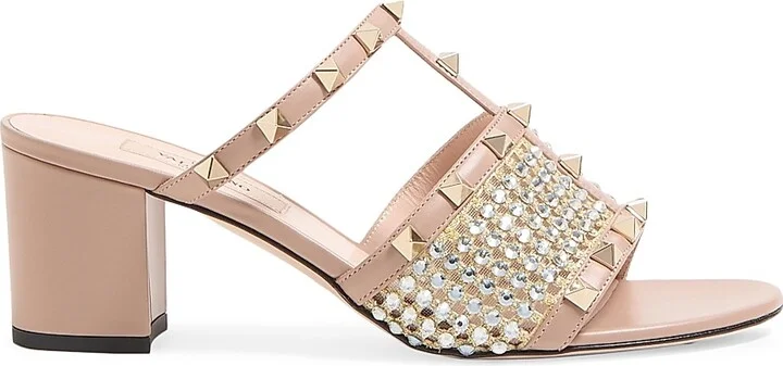 Women's Rockstud Calfskin Slide Sandals 60MM - Crystal Rose Cannelle - Size 7