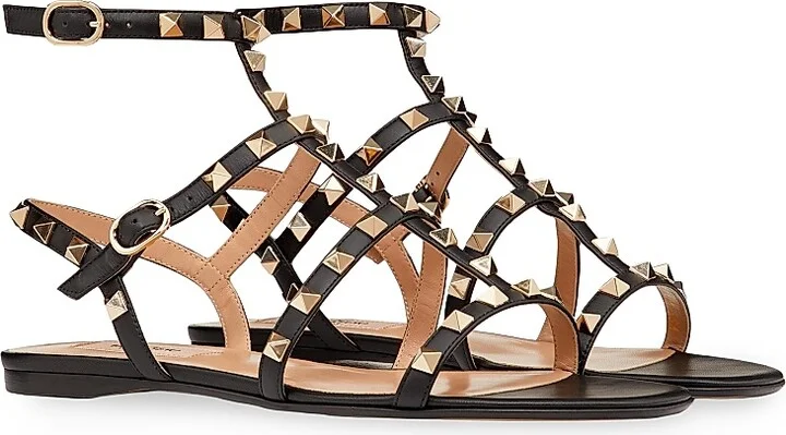 Women's Rockstud Flat Calfskin Sandals with Straps - Black - Size 6 - Image 2