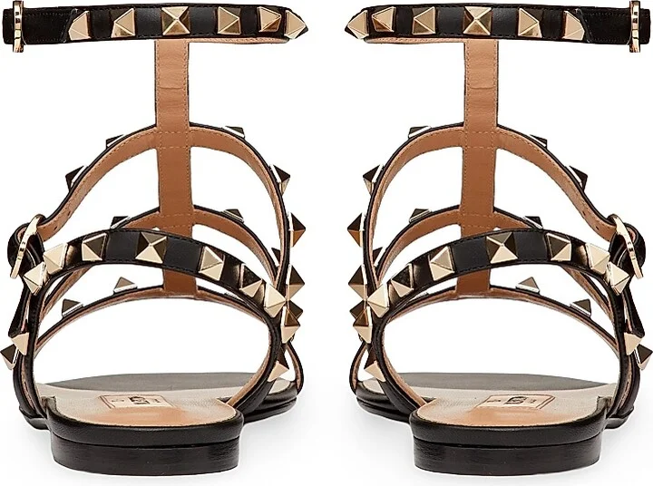Women's Rockstud Flat Calfskin Sandals with Straps - Black - Size 6 - Image 3