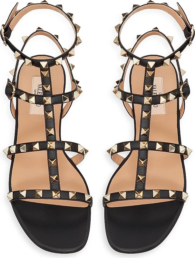 Women's Rockstud Flat Calfskin Sandals with Straps - Black - Size 6 - Image 4