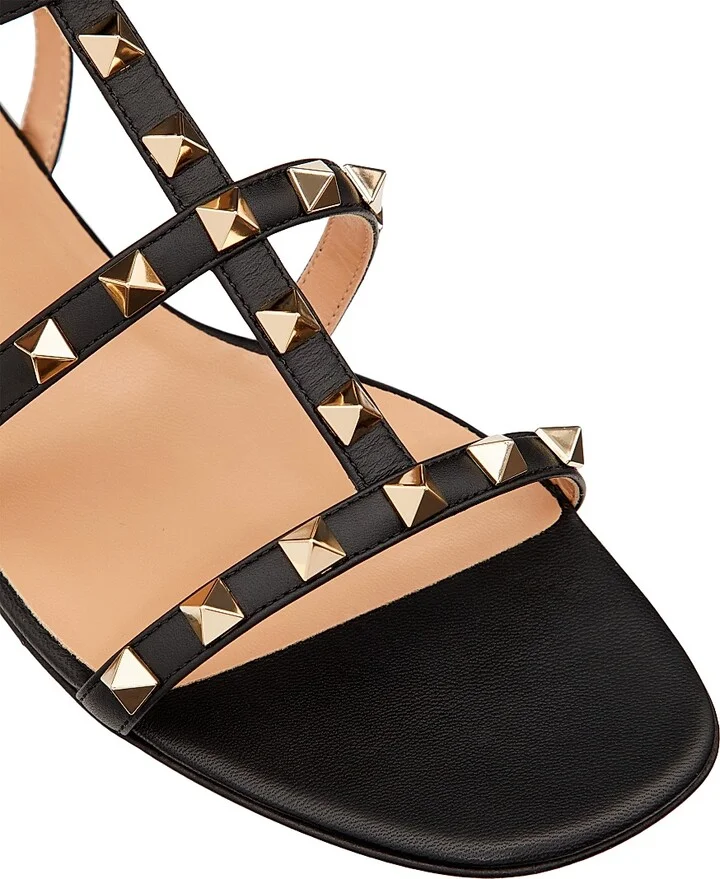 Women's Rockstud Flat Calfskin Sandals with Straps - Black - Size 6 - Image 5