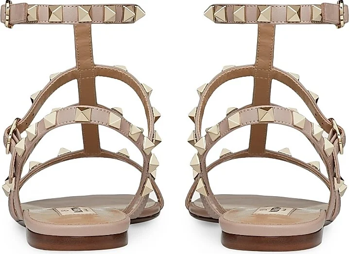 Women's Rockstud Flat Calfskin Sandals with Straps - Black - Size 6 - Image 8
