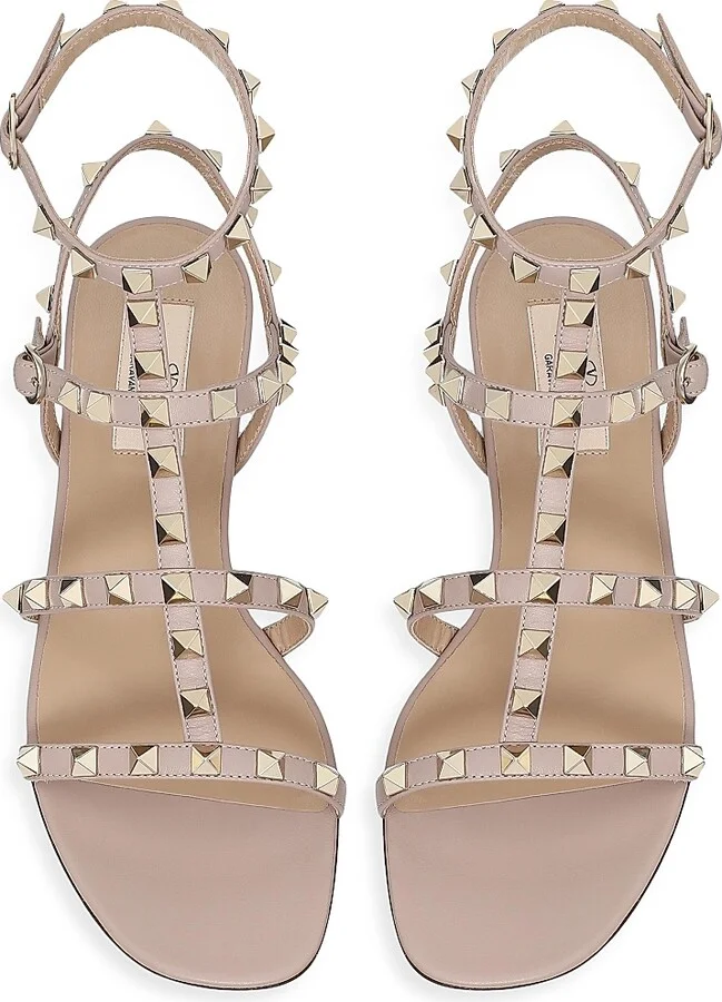 Women's Rockstud Flat Calfskin Sandals with Straps - Black - Size 6 - Image 9