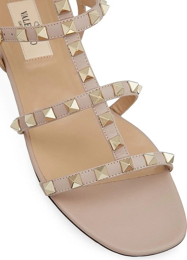 Women's Rockstud Flat Calfskin Sandals with Straps - Black - Size 6 - Image 10