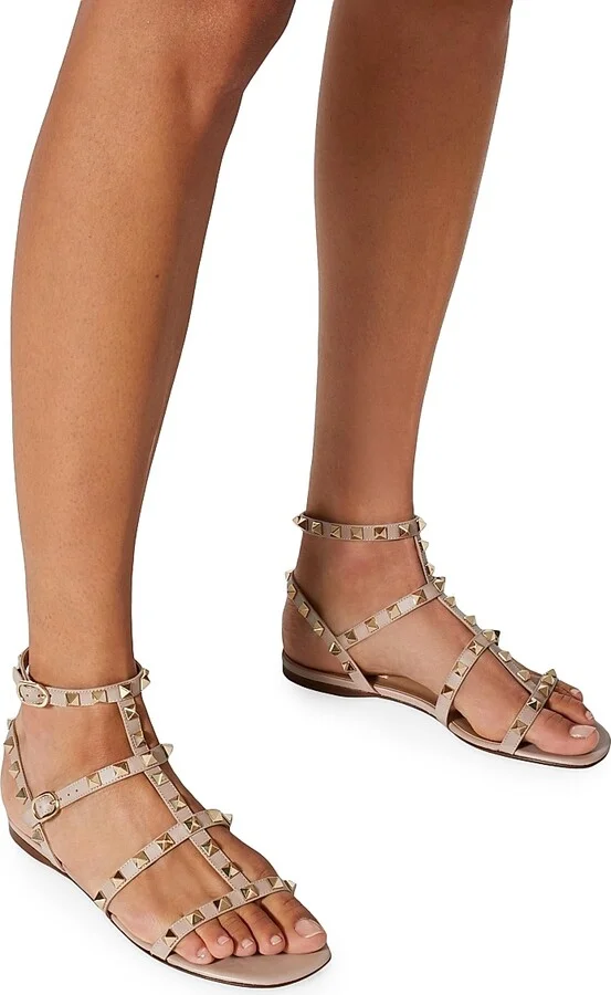 Women's Rockstud Flat Calfskin Sandals with Straps - Black - Size 6 - Image 11