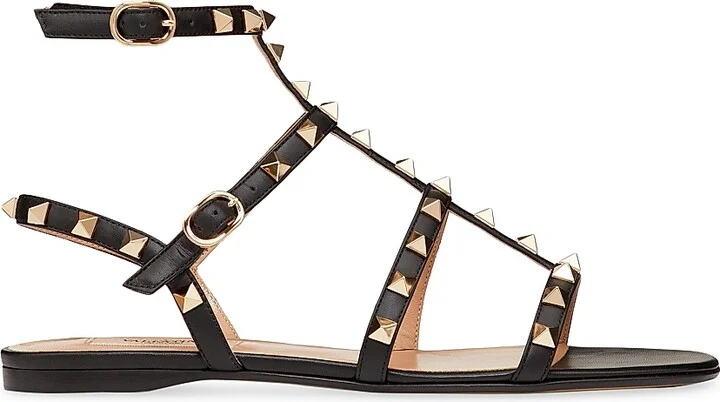 Women's Rockstud Flat Calfskin Sandals with Straps - Black - Size 6