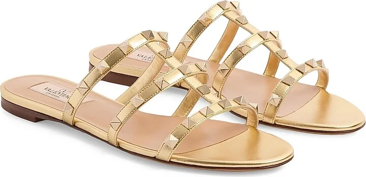 Women's Rockstud Flat Metallic Nappa Slide Sandals - Antique Brass - Size 5 - Image 2