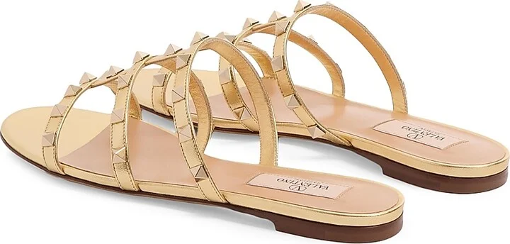 Women's Rockstud Flat Metallic Nappa Slide Sandals - Antique Brass - Size 5 - Image 3