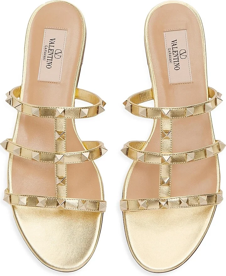 Women's Rockstud Flat Metallic Nappa Slide Sandals - Antique Brass - Size 5 - Image 4