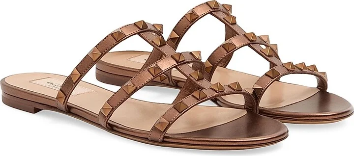 Women's Rockstud Flat Metallic Nappa Slide Sandals - Antique Brass - Size 5 - Image 9