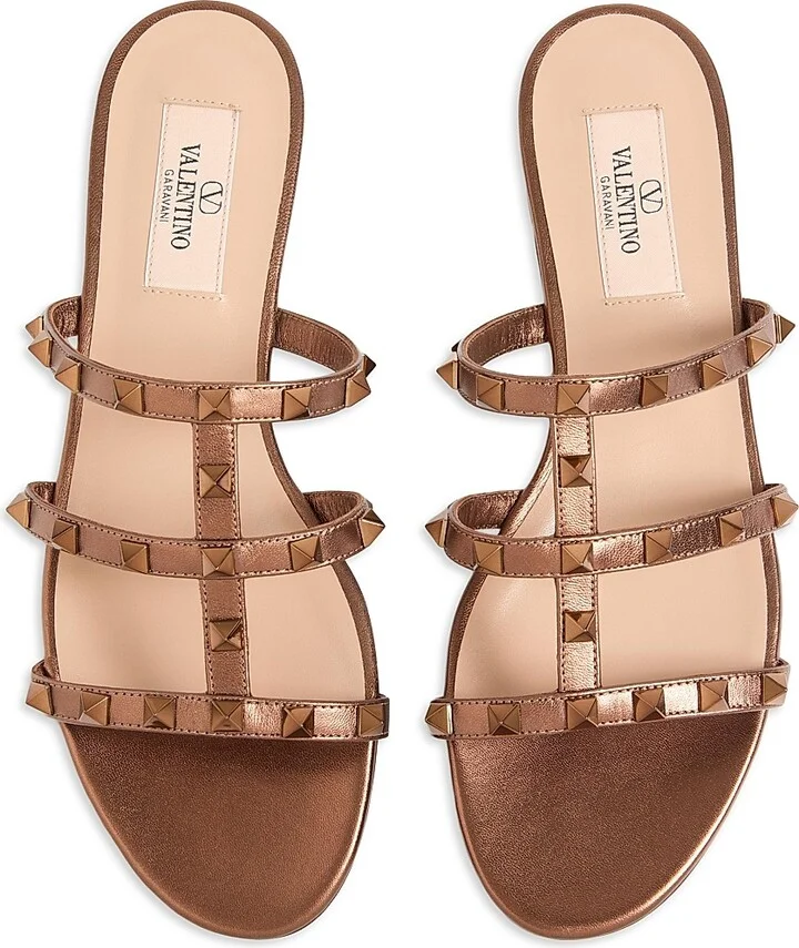 Women's Rockstud Flat Metallic Nappa Slide Sandals - Antique Brass - Size 5 - Image 11