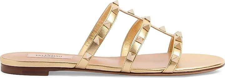 Women's Rockstud Flat Metallic Nappa Slide Sandals - Antique Brass - Size 5