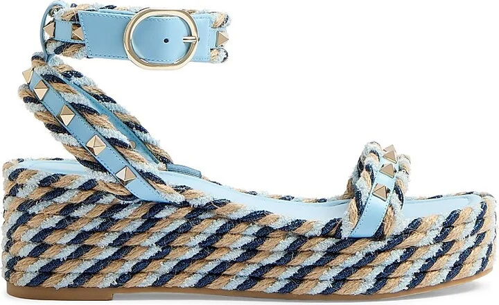 Women's Rockstud Flatform Sandals in Calfskin 45MM - Blue Ivory - Size 7
