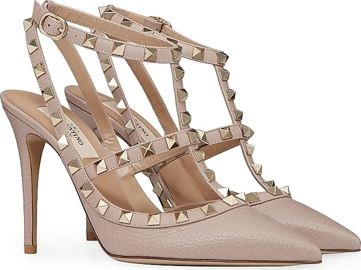 Women's Rockstud Grainy Leather Ankle Strap Pumps 100 Mm - Poudre - Size 9.5 - Image 2