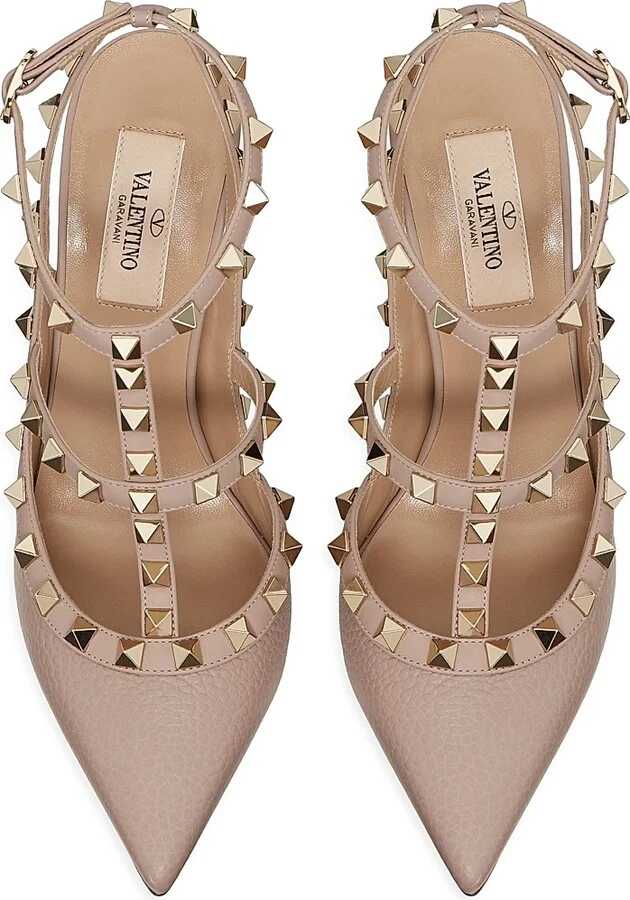 Women's Rockstud Grainy Leather Ankle Strap Pumps 100 Mm - Poudre - Size 9.5 - Image 4