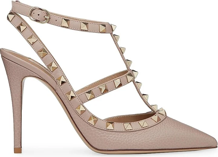 Women's Rockstud Grainy Leather Ankle Strap Pumps 100 Mm - Poudre - Size 9.5