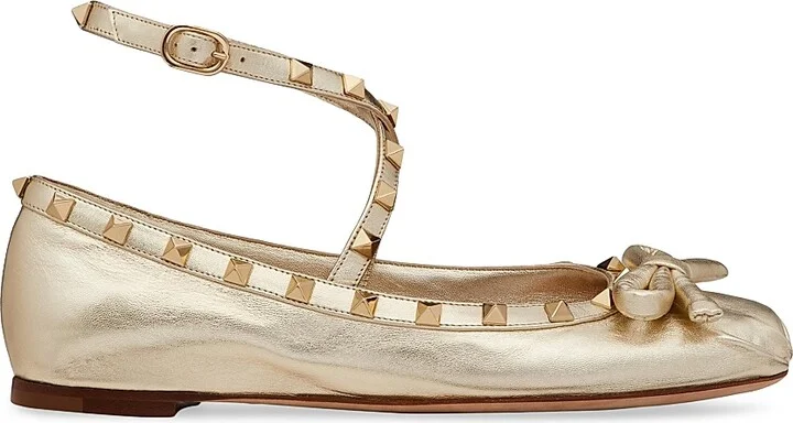 Women's Rockstud Laminated Nappa Leather Ballerina Flats - Platinum - Size 7