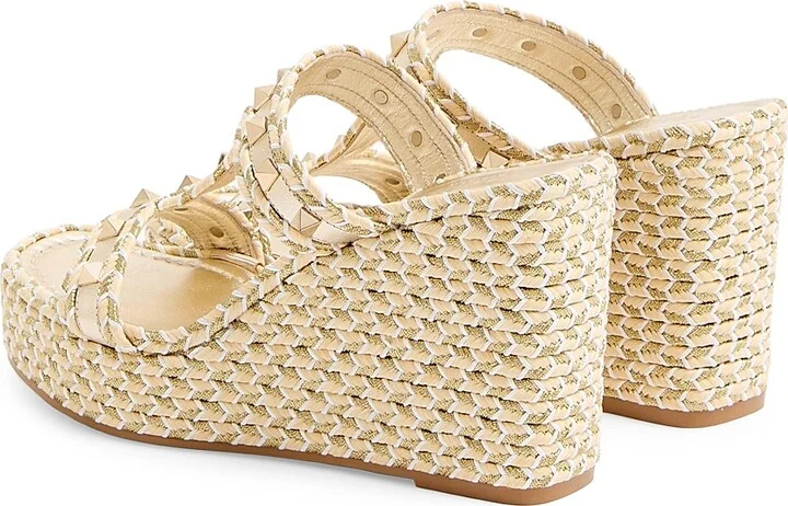 Women's Rockstud Laminated Nappa Wedge Sandals 90MM - Ivory Platinum - Size 7 - Image 3