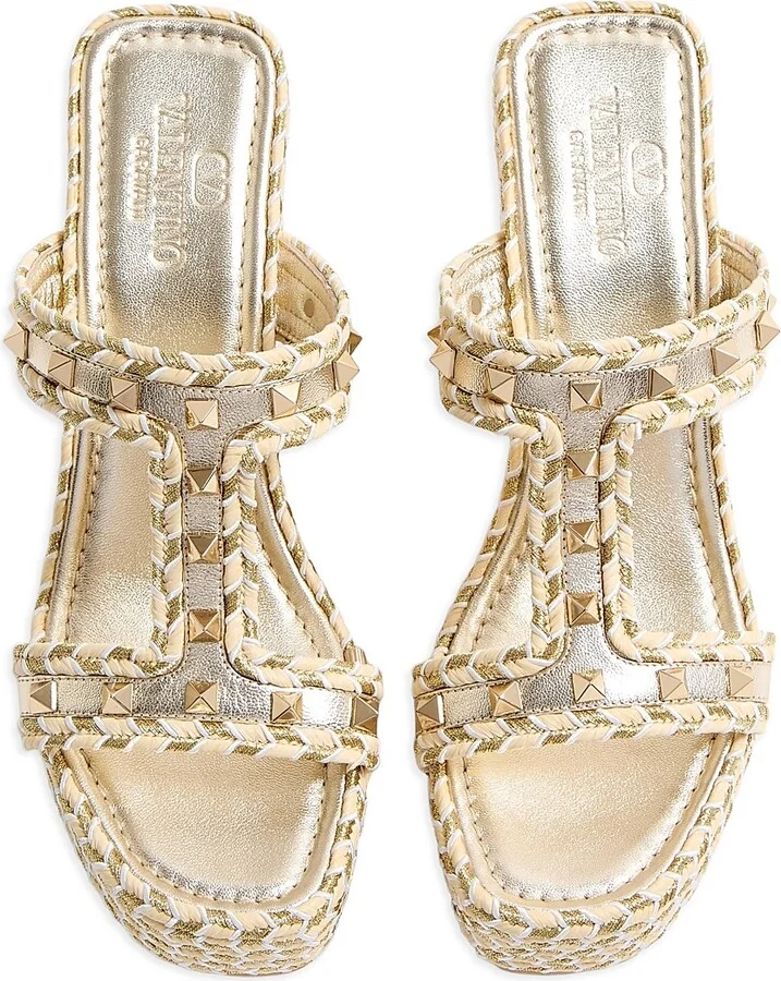 Women's Rockstud Laminated Nappa Wedge Sandals 90MM - Ivory Platinum - Size 7 - Image 4
