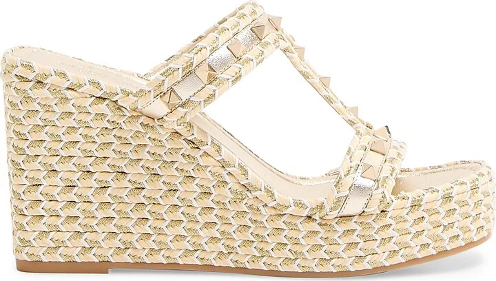 Women's Rockstud Laminated Nappa Wedge Sandals 90MM - Ivory Platinum - Size 7