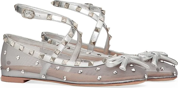 Women's Rockstud Mesh Ballerinas with Crystals - Silver - Size 6 - Image 3