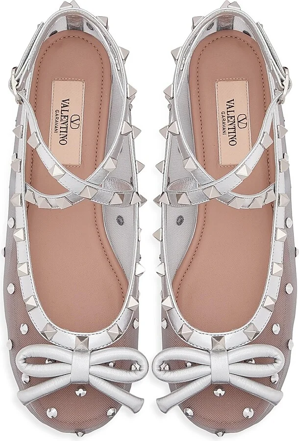 Women's Rockstud Mesh Ballerinas with Crystals - Silver - Size 6 - Image 5