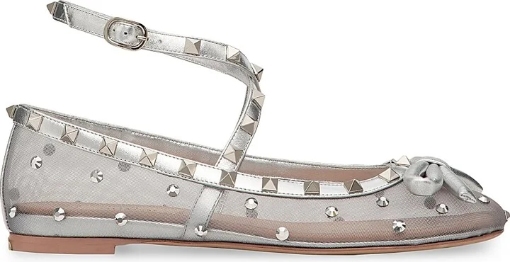 Women's Rockstud Mesh Ballerinas with Crystals - Silver - Size 6