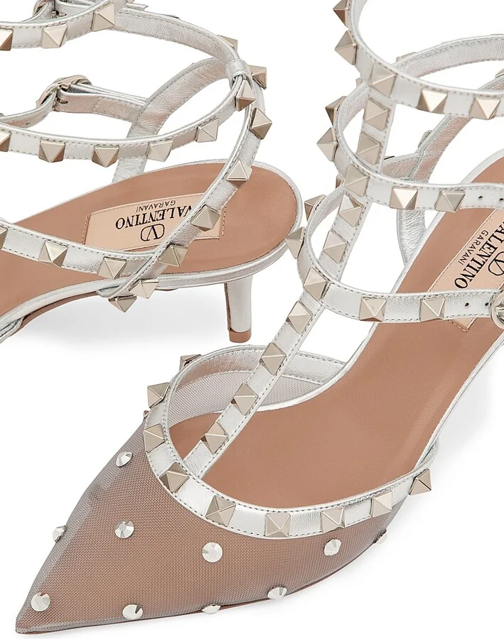 Women's Rockstud Mesh Pumps with Crystals and Straps 65MM - Pastel Silver - Size 9 - Image 5