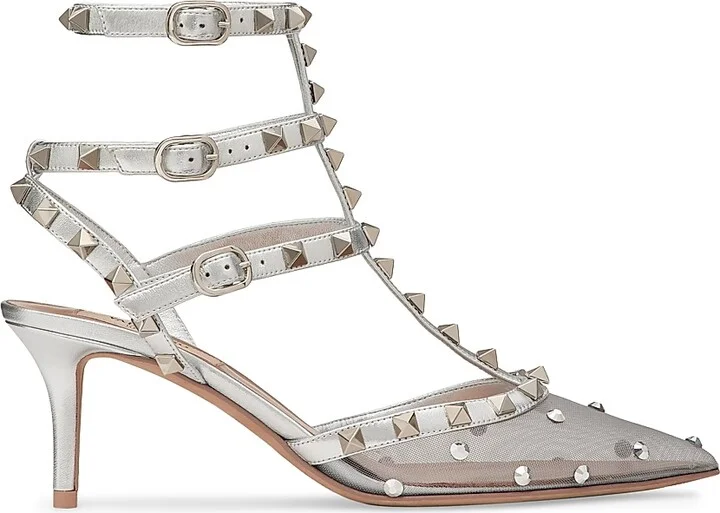 Women's Rockstud Mesh Pumps with Crystals and Straps 65MM - Pastel Silver - Size 9