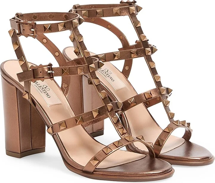 Women's Rockstud Metallic 90MM Calfskin Leather Ankle Strap Sandals - Bronze - Size 6 - Image 2