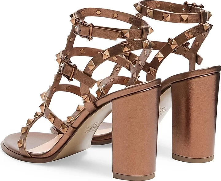 Women's Rockstud Metallic 90MM Calfskin Leather Ankle Strap Sandals - Bronze - Size 6 - Image 3