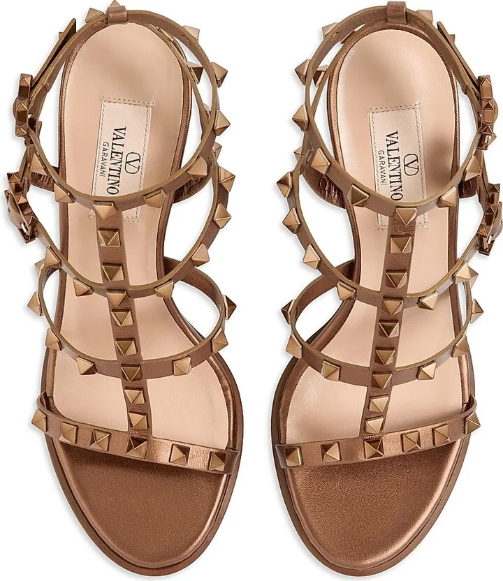 Women's Rockstud Metallic 90MM Calfskin Leather Ankle Strap Sandals - Bronze - Size 6 - Image 4