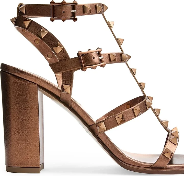 Women's Rockstud Metallic 90MM Calfskin Leather Ankle Strap Sandals - Bronze - Size 6 - Image 6