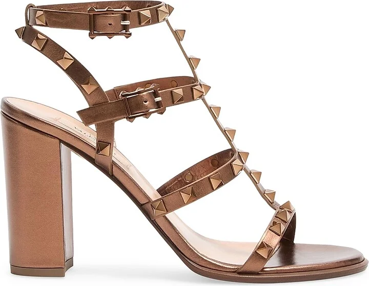Women's Rockstud Metallic 90MM Calfskin Leather Ankle Strap Sandals - Bronze - Size 6