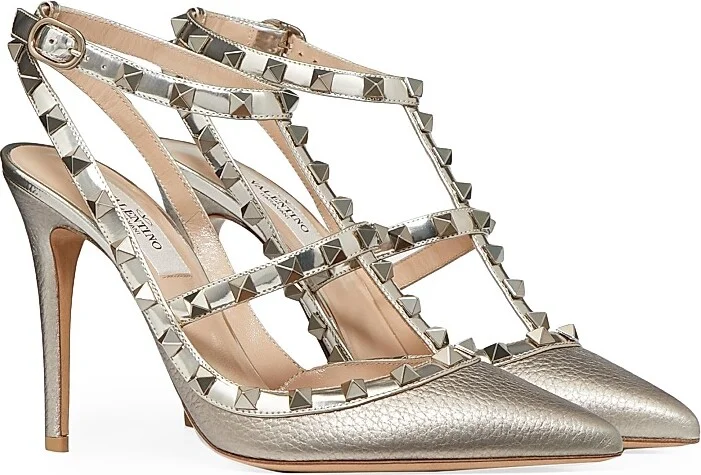 Women's Rockstud Metallic Ankle Strap Pumps 100 MM - Silver - Size 6 - Image 2