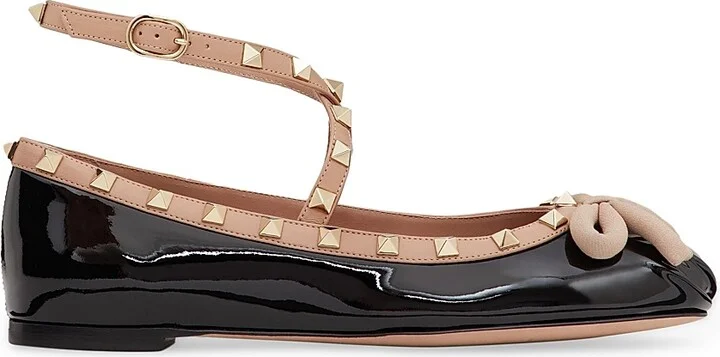 Women's Rockstud Patent Leather Ballerinas - Black Rose Cannelle - Size 10.5