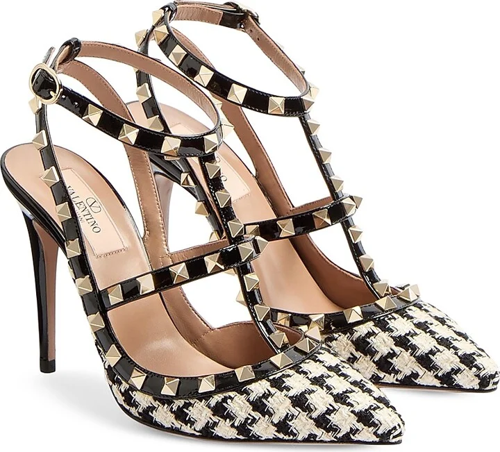Women's Rockstud Pumps in Pied-De-Poule Fabric 100MM - Ivory Black - Size 7 - Image 2