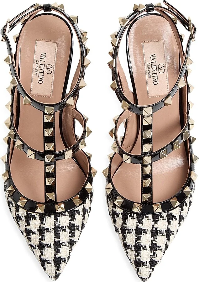 Women's Rockstud Pumps in Pied-De-Poule Fabric 100MM - Ivory Black - Size 7 - Image 4
