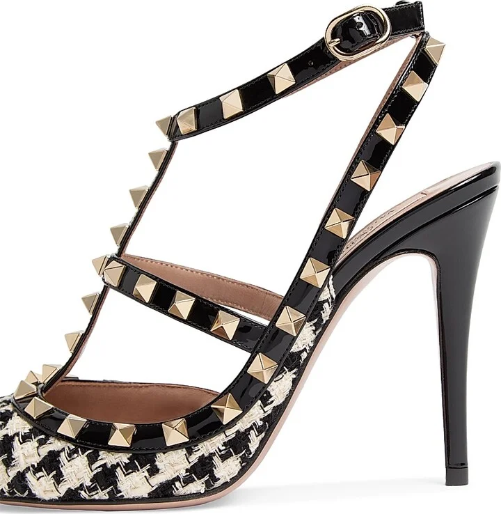Women's Rockstud Pumps in Pied-De-Poule Fabric 100MM - Ivory Black - Size 7 - Image 6