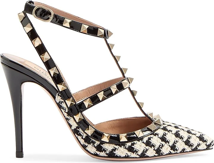 Women's Rockstud Pumps in Pied-De-Poule Fabric 100MM - Ivory Black - Size 7
