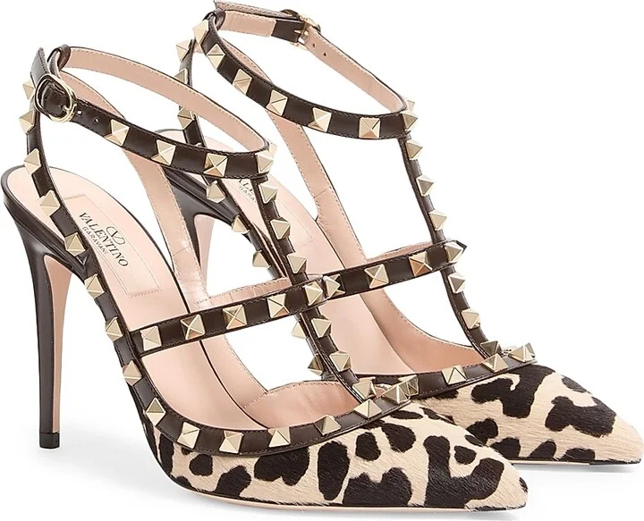 Women's Rockstud Pumps with 100MM Straps in Pony-Effect Calfskin - Natural Brown - Size 7 - Image 2