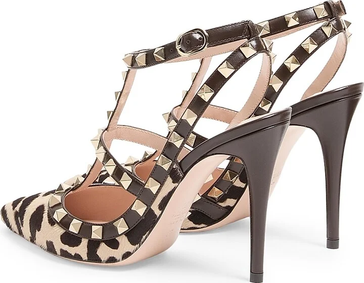 Women's Rockstud Pumps with 100MM Straps in Pony-Effect Calfskin - Natural Brown - Size 7 - Image 3