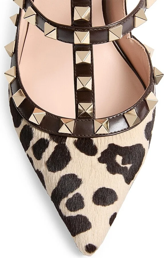 Women's Rockstud Pumps with 100MM Straps in Pony-Effect Calfskin - Natural Brown - Size 7 - Image 5