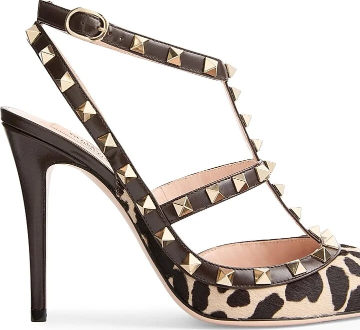 Women's Rockstud Pumps with 100MM Straps in Pony-Effect Calfskin - Natural Brown - Size 7 - Image 6