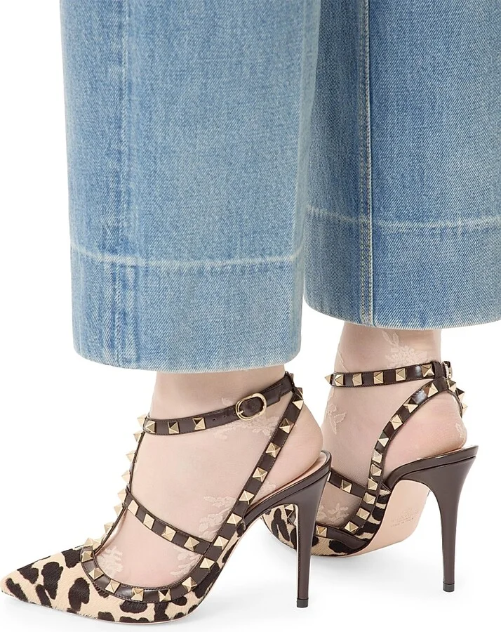 Women's Rockstud Pumps with 100MM Straps in Pony-Effect Calfskin - Natural Brown - Size 7 - Image 7