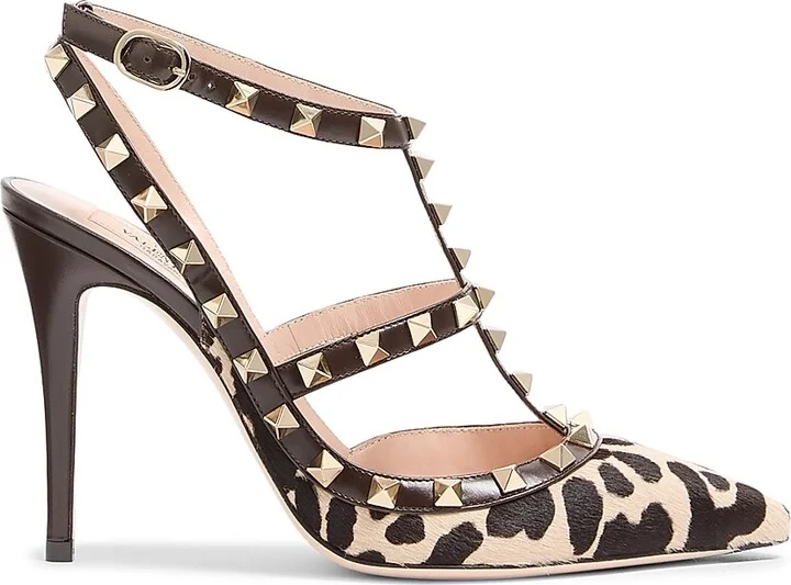 Women's Rockstud Pumps with 100MM Straps in Pony-Effect Calfskin - Natural Brown - Size 7