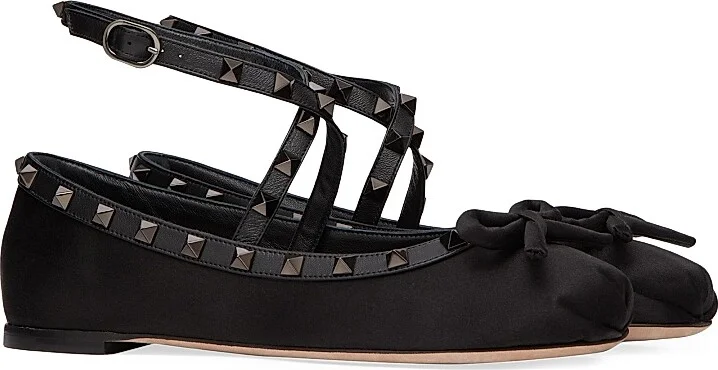 Women's Rockstud Satin Ballerina Flats With Tone-On-Tone Studs - Black - Size 6 - Image 2