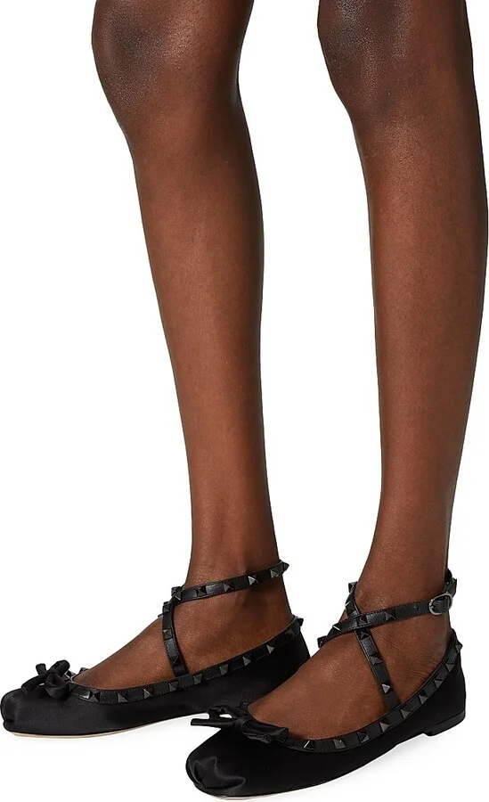 Women's Rockstud Satin Ballerina Flats With Tone-On-Tone Studs - Black - Size 6 - Image 6