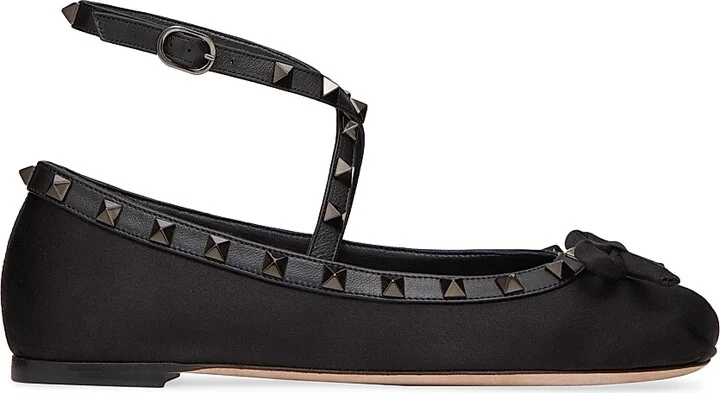 Women's Rockstud Satin Ballerina Flats With Tone-On-Tone Studs - Black - Size 6