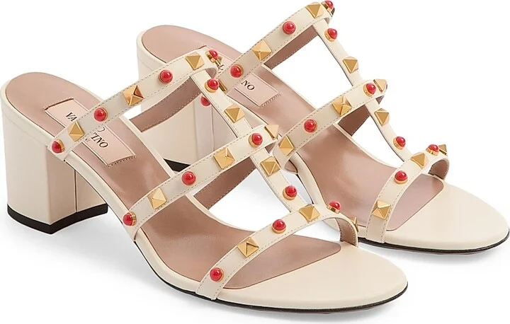 Women's Rockstud Slide 60MM Sandals in Calfskin with Cabochon Stones - Ivory Coral - Size 6 - Image 2